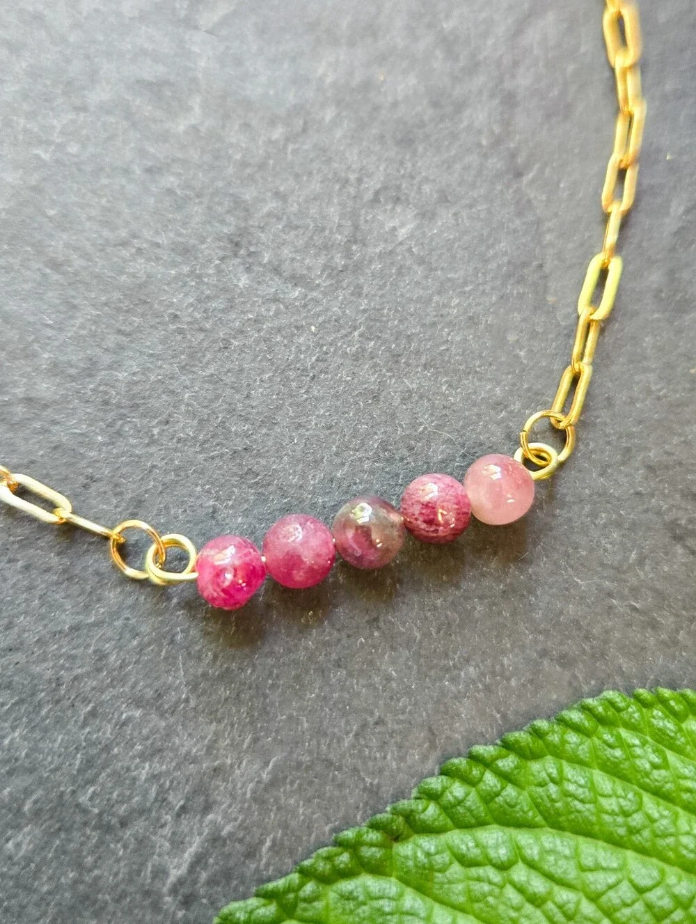 NWT Artisan-Made Pink Tourmaline 24k Gold-Plated Paperclip Chain Bracelet